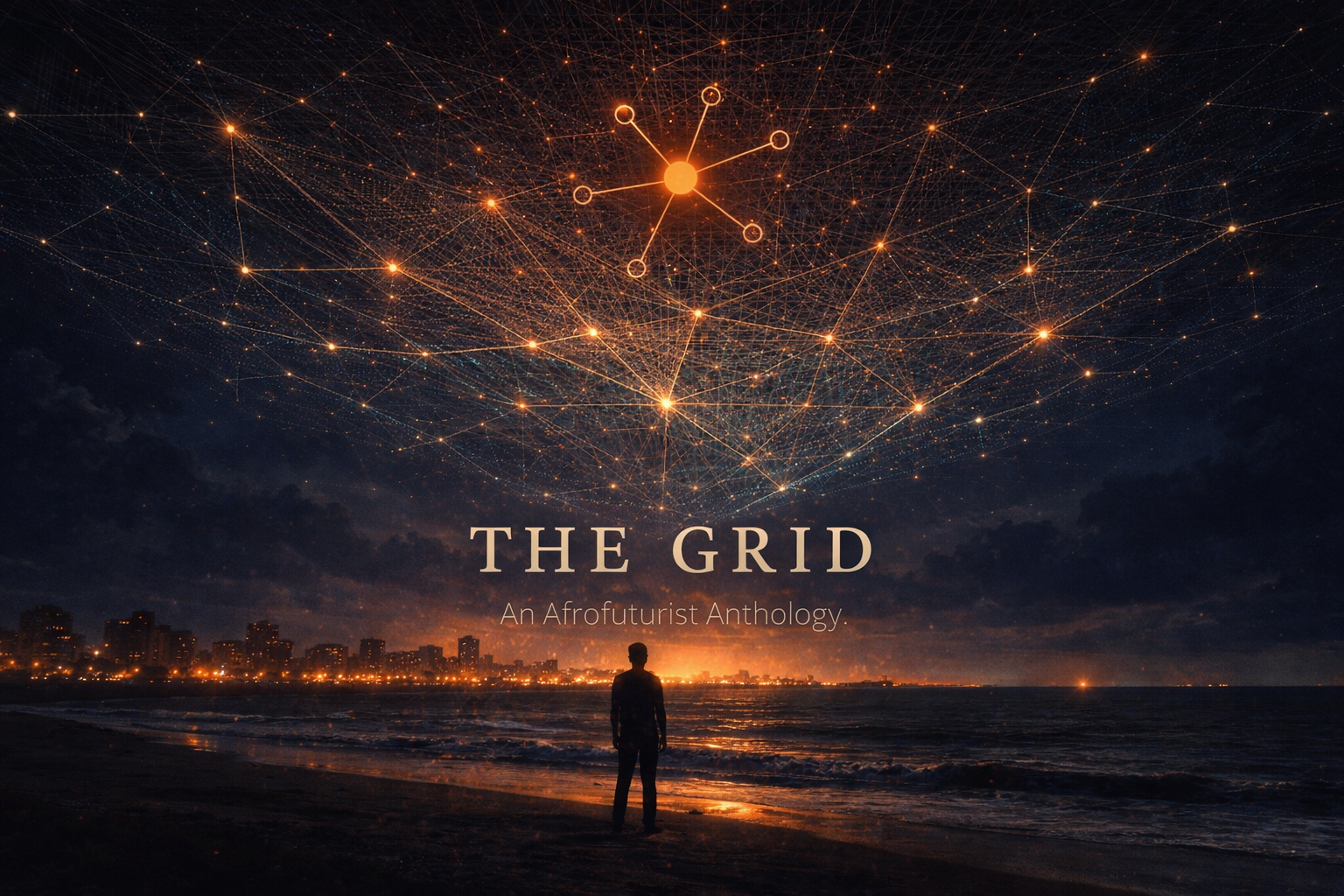The Grid series cover showing a figure facing a glowing network above the ocean at night.